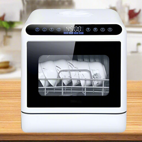 Portable countertop dishwasher for RV and cabin with dual spray arms and high-temperature drying
