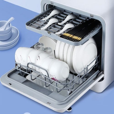 Portable countertop dishwasher for RV and cabin with dual spray arms and high-temperature drying