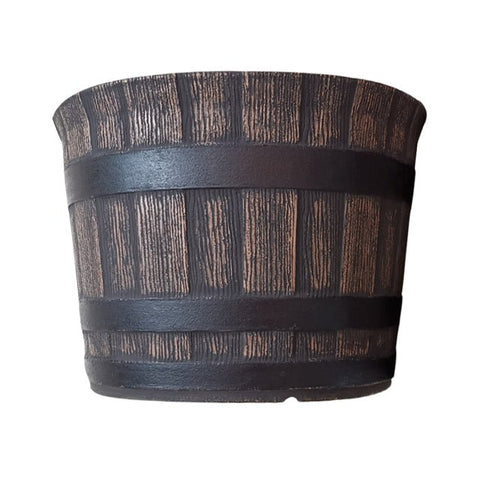 New Set of 5 – 14 Inch Whiskey Barrel Planter Flower Pots – Rustic Wood-Look Outdoor Garden Containers CF052E