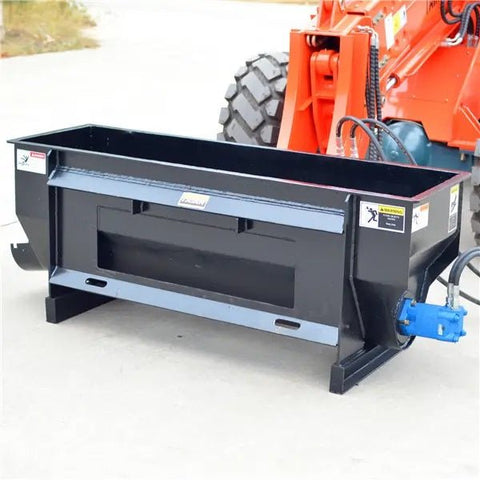 Side dumping concrete mixer bucket with auger for skid steer
Rear view of mixer bucket showing hydraulic motor
Top-down view of internal auger system
Mounted auger mixer on skid steer in use
Side discharge concrete auger bucket on loader