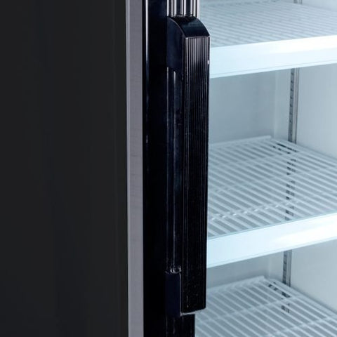 "Siebel G258 black commercial display fridge with glass door"
"Interior of merchandiser fridge with 4 adjustable shelves"
"LED-lit single door commercial beverage refrigerator"
"Retail cooler with 32-41°F temperature range"
"NSF certified display fridge with black finish and clear front"