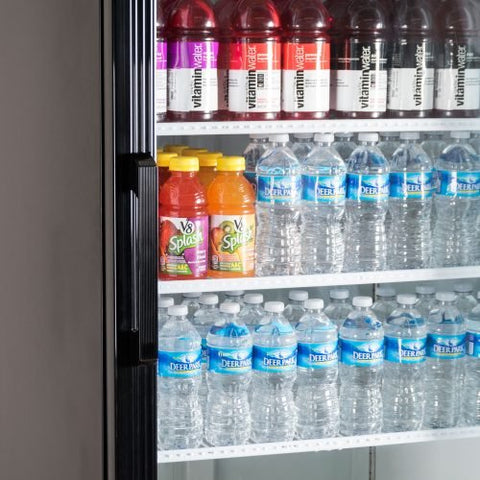 "Siebel G258 black commercial display fridge with glass door"
"Interior of merchandiser fridge with 4 adjustable shelves"
"LED-lit single door commercial beverage refrigerator"
"Retail cooler with 32-41°F temperature range"
"NSF certified display fridge with black finish and clear front"