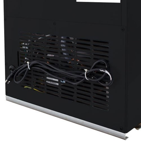 "Siebel G258 black commercial display fridge with glass door"
"Interior of merchandiser fridge with 4 adjustable shelves"
"LED-lit single door commercial beverage refrigerator"
"Retail cooler with 32-41°F temperature range"
"NSF certified display fridge with black finish and clear front"