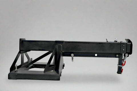 Adjustable skid steer jib boom on white background – extended view
Close-up of jib boom mounting to forklift tines
Forklift jib boom in telescoping position
6000 lb jib boom with dual swivel hooks
Fork-mounted heavy-duty boom – angled view