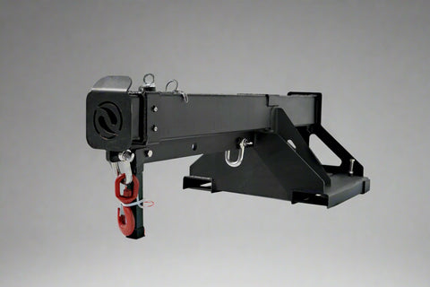 Adjustable skid steer jib boom on white background – extended view
Close-up of jib boom mounting to forklift tines
Forklift jib boom in telescoping position
6000 lb jib boom with dual swivel hooks
Fork-mounted heavy-duty boom – angled view