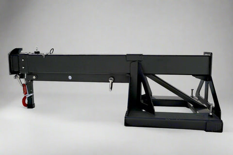 Adjustable skid steer jib boom on white background – extended view
Close-up of jib boom mounting to forklift tines
Forklift jib boom in telescoping position
6000 lb jib boom with dual swivel hooks
Fork-mounted heavy-duty boom – angled view