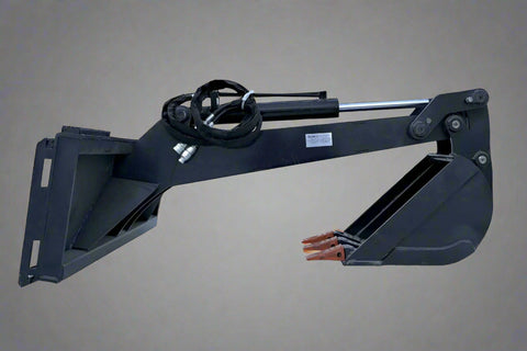 Skid steer backhoe digging bucket with fixed arm and cast teeth
Second Image: Side angle of heavy-duty fixed arm digging bucket
Third Image: Skid steer bucket attached to loader arm in operating position