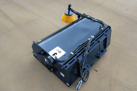 Skid Steer Bucket Sweeper with side broom mounted
Closeup of side broom attachment for skid steer
Top-down view of BBS210 sweeper brush
Hydraulic broom with enclosed dust cover
Front view of skid steer bucket sweeper system