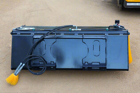 Skid Steer Bucket Sweeper with side broom mounted
Closeup of side broom attachment for skid steer
Top-down view of BBS210 sweeper brush
Hydraulic broom with enclosed dust cover
Front view of skid steer bucket sweeper system