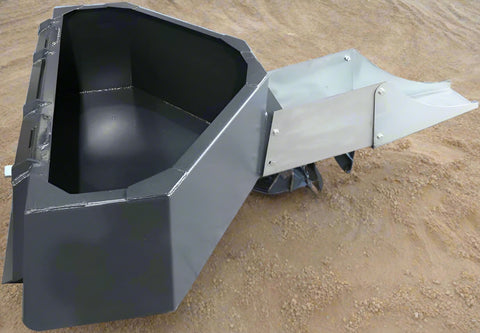 Front view of skid steer concrete hopper bucket
Angled view showing chute and hopper depth
Top-down view of 900L capacity hopper
Side profile of bucket chute attachment
Skid steer concrete bucket mounted and in use