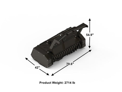 Skid Steer Drum Mulcher with heavy-duty drum and black housing
Second Image: Mounted rotary slasher on skid steer for brush cutting
Third Image: Close-up view of reinforced rotor and cutting teeth
Fourth Image: Side profile of attachment with connection points