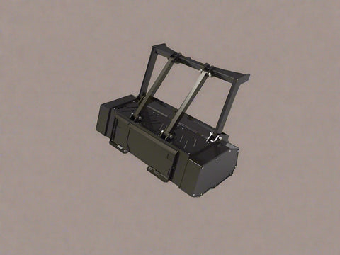 Skid Steer Drum Mulcher with heavy-duty drum and black housing
Second Image: Mounted rotary slasher on skid steer for brush cutting
Third Image: Close-up view of reinforced rotor and cutting teeth
Fourth Image: Side profile of attachment with connection points