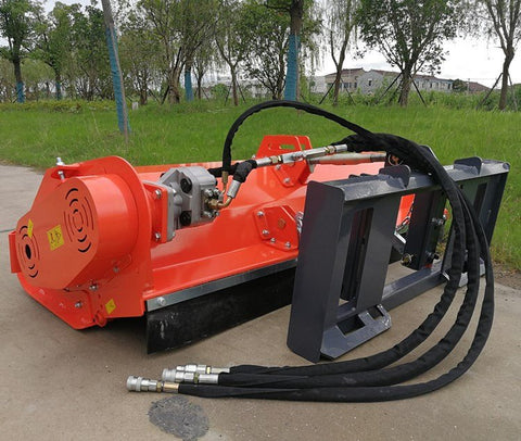 77" Skid Steer Flail Mower full front view
SSFM180 mower attachment from side angle
Hydraulic mower mounted on skid steer
Rear safety guard and roller of SSFM180
Top-down view of flail mower blades and frame
