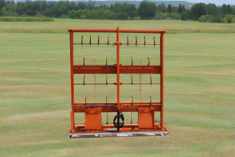 Skid steer hay accumulator with 24 hooks
Bale grab attachment for 8 to 10 rectangular bales
Heavy-duty hay grapple for skid steer loader
Orange steel bale accumulator attachment
Universal mount hay handling tool