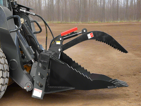 Skid steer hydraulic stump bucket grapple side view
Top view of stump grapple showing hydraulic cylinders
Open position of the stump bucket grapple attachment
Close-up of grapple jaws in action