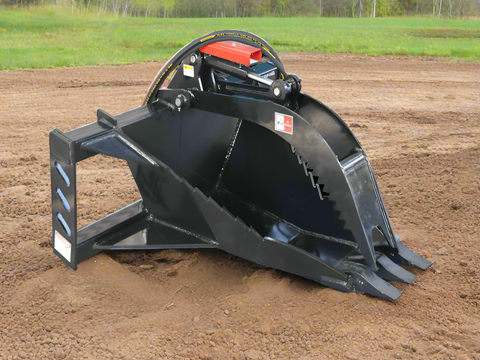 Skid steer hydraulic stump bucket grapple side view
Top view of stump grapple showing hydraulic cylinders
Open position of the stump bucket grapple attachment
Close-up of grapple jaws in action