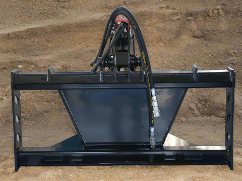 Skid steer hydraulic stump bucket grapple side view
Top view of stump grapple showing hydraulic cylinders
Open position of the stump bucket grapple attachment
Close-up of grapple jaws in action