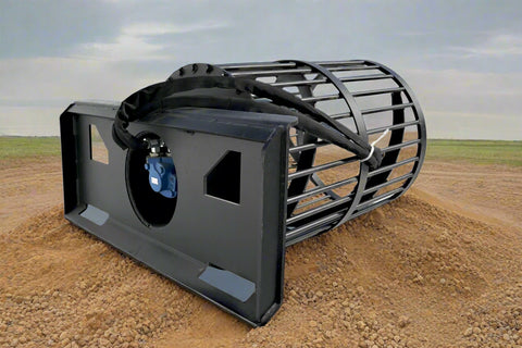 Hydraulic soil screening drum mounted on a skid steer
Rotating drum soil screener for landscaping
Rock screener attachment for clean topsoil
Close-up view of screening drum cage
Heavy-duty soil separation drum in action