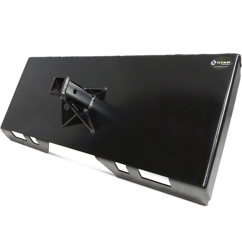 Heavy-duty skid steer receiver hitch plate with 2-inch trailer hitch
Universal quick attach trailer hitch for skid steers and tractors
Black powder-coated hitch plate for towing and attachments