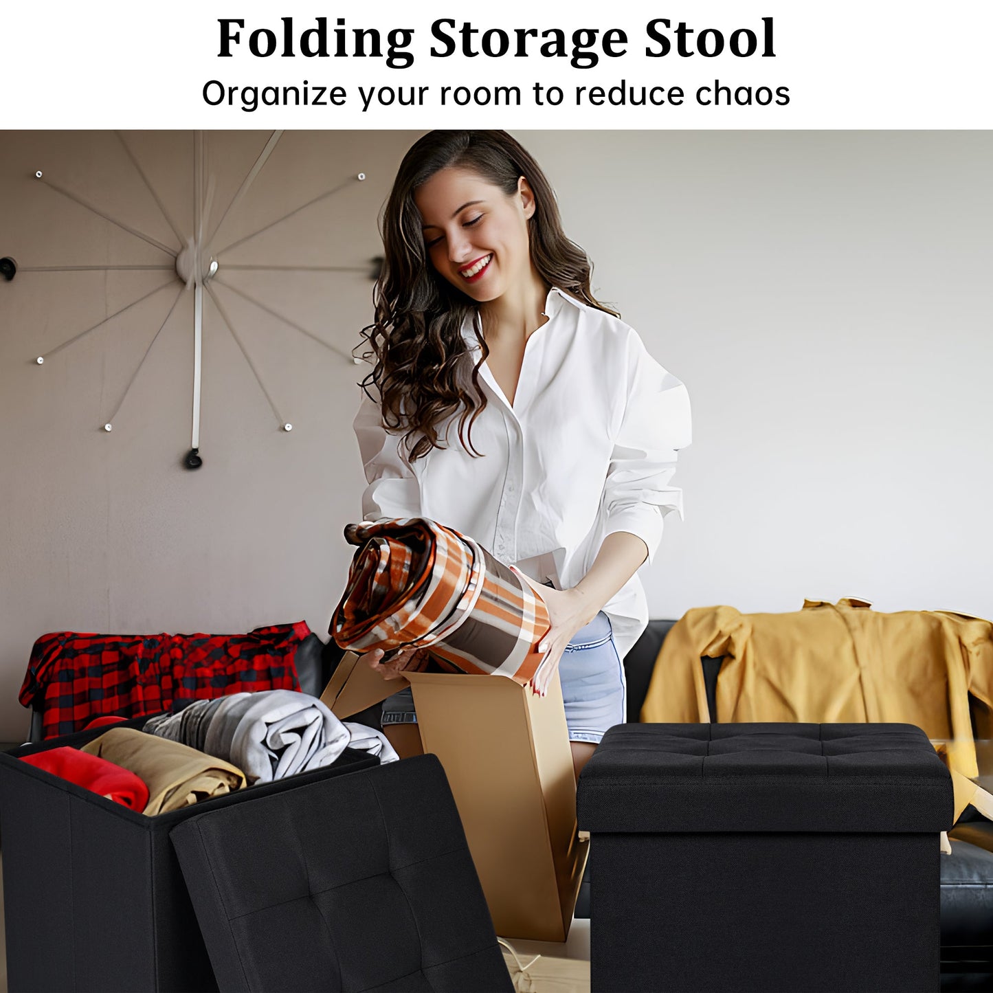 Small black foldable storage ottoman cube with lid
Tufted black ottoman seat with internal hidden storage
Collapsible fabric storage cube for bedrooms and entryways