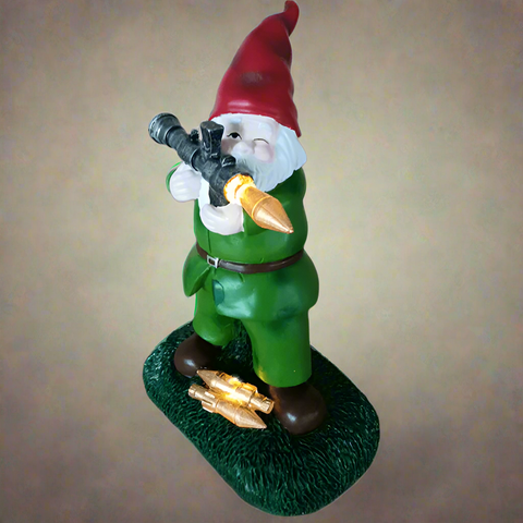 "Solar Military Garden Gnome with RPG for Outdoor Lawn Decor"
"Funny Solar Garden Gnome Statue with Weapon Design"
"Military Themed Solar Powered Garden Gnome Figurine"
"Hand-Painted Resin Gnome with RPG and Solar Light for Patio and Garden"