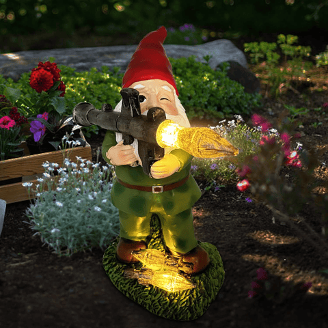 "Solar Military Garden Gnome with RPG for Outdoor Lawn Decor"
"Funny Solar Garden Gnome Statue with Weapon Design"
"Military Themed Solar Powered Garden Gnome Figurine"
"Hand-Painted Resin Gnome with RPG and Solar Light for Patio and Garden"