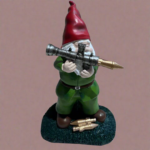 "Solar Military Garden Gnome with RPG for Outdoor Lawn Decor"
"Funny Solar Garden Gnome Statue with Weapon Design"
"Military Themed Solar Powered Garden Gnome Figurine"
"Hand-Painted Resin Gnome with RPG and Solar Light for Patio and Garden"