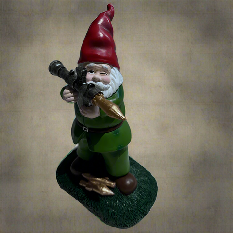 "Solar Military Garden Gnome with RPG for Outdoor Lawn Decor"
"Funny Solar Garden Gnome Statue with Weapon Design"
"Military Themed Solar Powered Garden Gnome Figurine"
"Hand-Painted Resin Gnome with RPG and Solar Light for Patio and Garden"