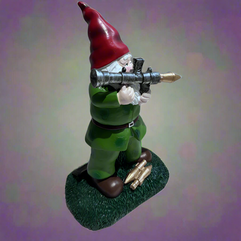 "Solar Military Garden Gnome with RPG for Outdoor Lawn Decor"
"Funny Solar Garden Gnome Statue with Weapon Design"
"Military Themed Solar Powered Garden Gnome Figurine"
"Hand-Painted Resin Gnome with RPG and Solar Light for Patio and Garden"