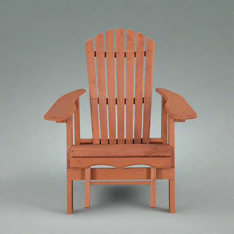 "Solid wood Adirondack chair with pull-out ottoman on patio"
"Medium brown reclining garden chair with adjustable backrest"
"Outdoor wooden lounge chair with ergonomic design"