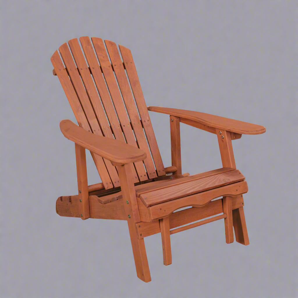 "Solid wood Adirondack chair with pull-out ottoman on patio"
"Medium brown reclining garden chair with adjustable backrest"
"Outdoor wooden lounge chair with ergonomic design"
