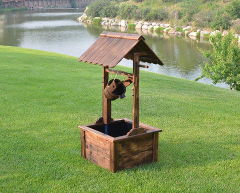 Square wooden water fountain with rustic burnt finish
Compact garden water fountain with built-in pump
Fir wood fountain placed in garden corner
Rustic vertical water feature for outdoor patios
Wooden outdoor decor fountain on green lawn