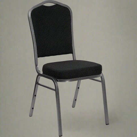 Stackable Banquet Chair β Black Dot Upholstery β Angled Front
Banquet Chairs in Row β Side View
Black Event Chairs in Use at Corporate Event
Commercial Banquet Seating β Stackable Design