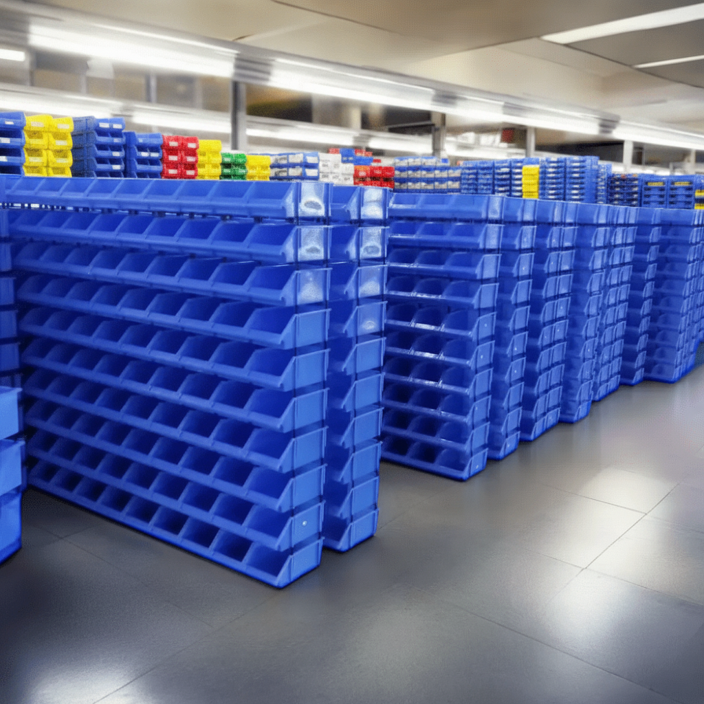 Industrial parts and hardware organizer bins in warehouse setting