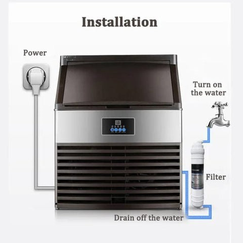 Front view of stainless steel commercial ice cube maker
Side angle of industrial ice machine showing vent
Close-up of ice bin with scoop
Display panel of commercial ice maker with 352 lb capacity
Stainless steel industrial ice maker in restaurant kitchen setting