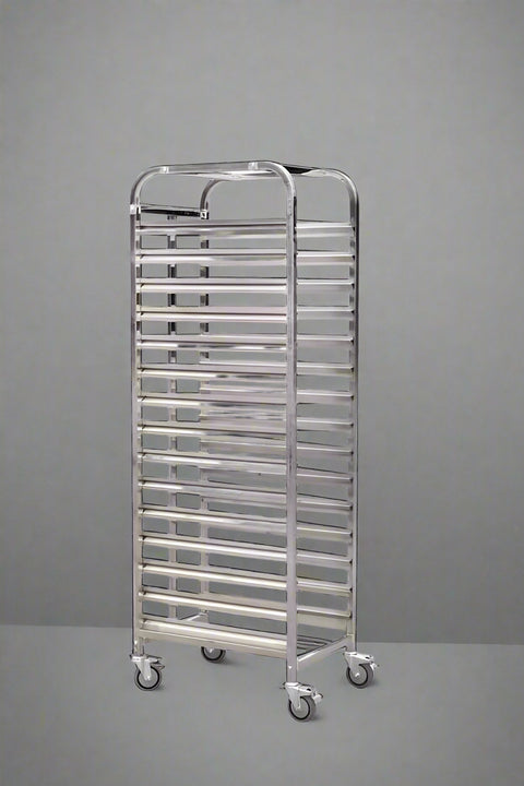 16-layer stainless steel pan rack with wheels
Commercial bakery tray cart side view
Mobile bakery storage cart with tray slots
Stainless steel tray rack for kitchen or bakery
Heavy-duty commercial food rack with lockable wheels