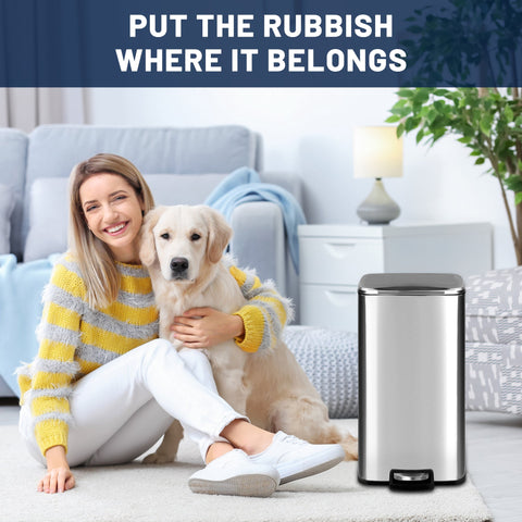 30L stainless steel kitchen trash can with step pedal and soft-close lid
rectangular pedal bin with fingerprint-resistant stainless finish
trash can with removable inner bucket and non-skid base
compact stainless steel step trash bin for kitchen or office use