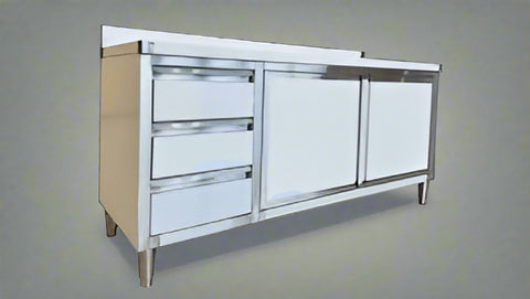 Stainless steel cabinet table front view
Industrial workbench with drawers and soft-close doors
Side angle of stainless steel garage workstation