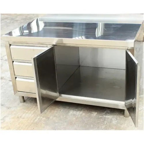 Stainless steel cabinet table front view
Industrial workbench with drawers and soft-close doors
Side angle of stainless steel garage workstation