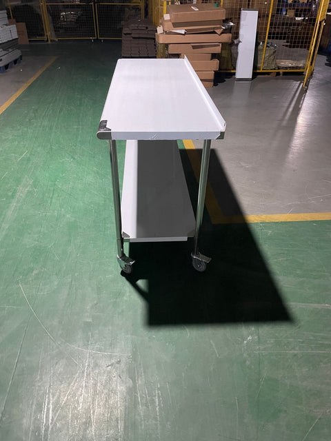 Stainless steel rolling work table with locking wheels – front view
48-inch stainless steel prep station with under-shelf and casters
72-inch commercial kitchen table with wheels – side angle
Mobile food service prep table with heavy-duty design
Industrial stainless table in warehouse environment