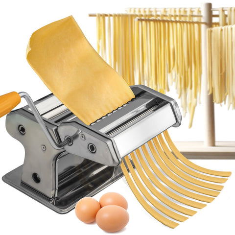 Manual stainless steel pasta maker with roller and cutter attachments – ideal for homemade spaghetti, linguine, and fettuccine