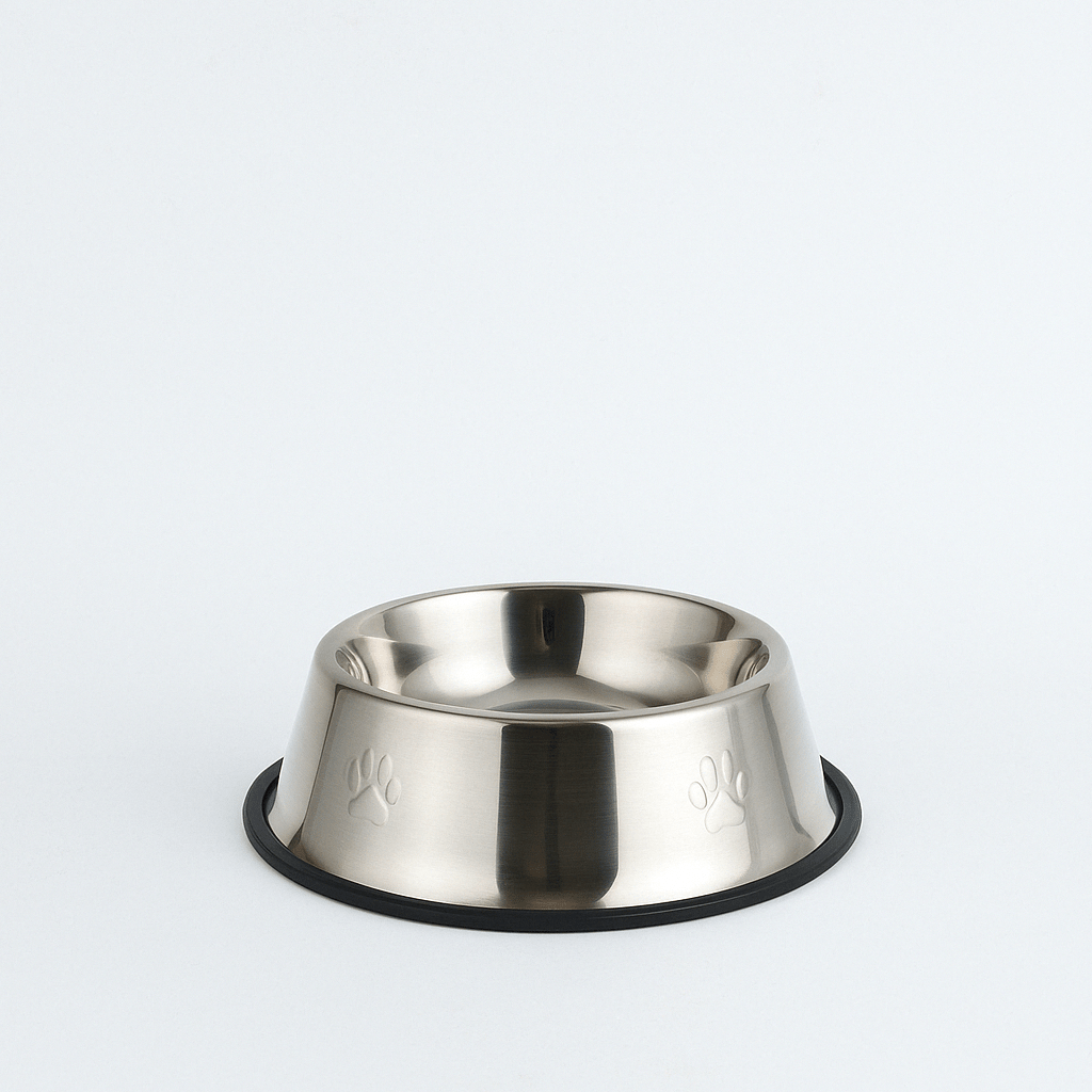 Stainless steel pet bowl with anti-slip base
7" dog food bowl on white background
Side-by-side stainless steel bowls for cats and dogs