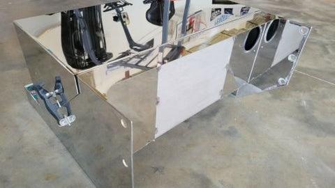 "30 inch stainless steel battery step box for Peterbilt trucks"
"Heavy-duty battery storage box with polished finish"
"Polished stainless step box compatible with Peterbilt 359, 379, 388, 389"
"Truck battery box with reinforced base and secure lid straps"