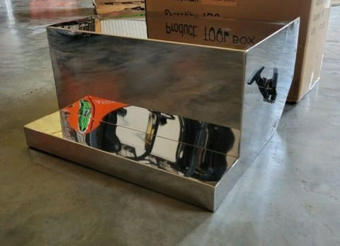"30 inch stainless steel battery step box for Peterbilt trucks"
"Heavy-duty battery storage box with polished finish"
"Polished stainless step box compatible with Peterbilt 359, 379, 388, 389"
"Truck battery box with reinforced base and secure lid straps"