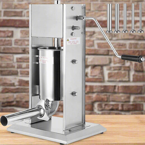 Stainless steel sausage stuffer 3L vertical – front view
Full set with 4 stuffing tubes – commercial sausage maker
Stuffer with removable cylinder and mountable base
Tilt-back vertical stuffer with food-safe piston
Homemade sausage in tray next to vertical stuffer