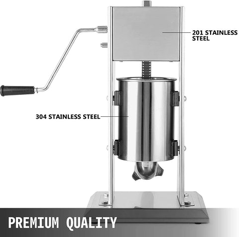 Stainless steel sausage stuffer 3L vertical – front view
Full set with 4 stuffing tubes – commercial sausage maker
Stuffer with removable cylinder and mountable base
Tilt-back vertical stuffer with food-safe piston
Homemade sausage in tray next to vertical stuffer