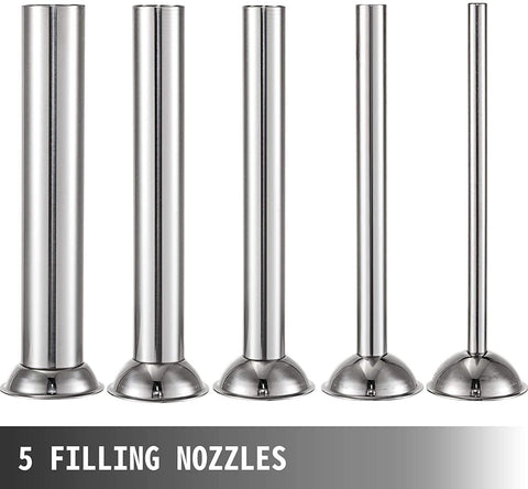 Stainless steel sausage stuffer 3L vertical – front view
Full set with 4 stuffing tubes – commercial sausage maker
Stuffer with removable cylinder and mountable base
Tilt-back vertical stuffer with food-safe piston
Homemade sausage in tray next to vertical stuffer