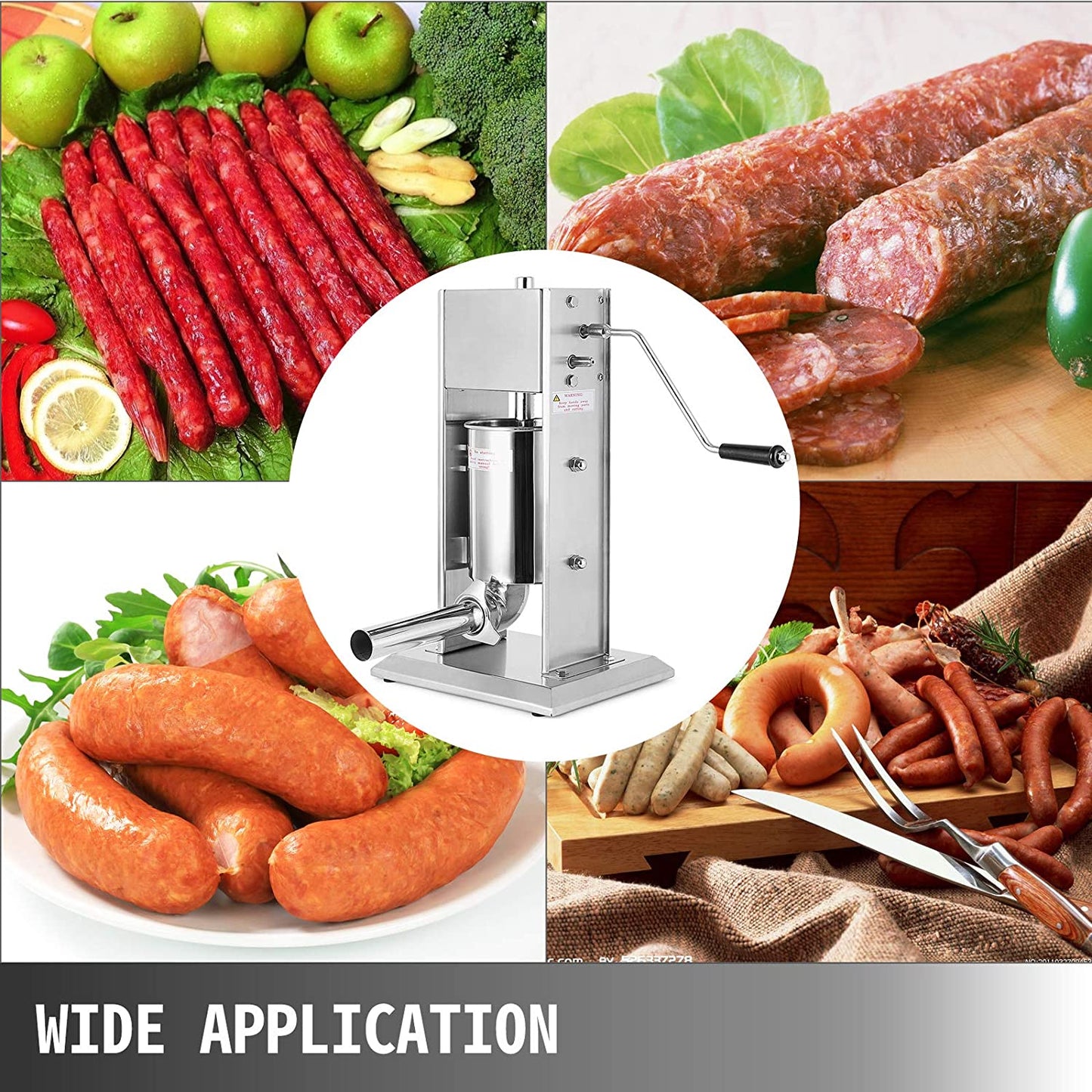 Stainless steel sausage stuffer 3L vertical – front view
Full set with 4 stuffing tubes – commercial sausage maker
Stuffer with removable cylinder and mountable base
Tilt-back vertical stuffer with food-safe piston
Homemade sausage in tray next to vertical stuffer