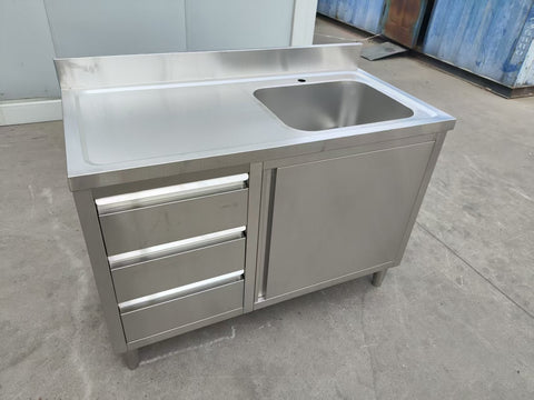 Stainless steel utility sink with 3 drawers front view
Commercial sink cabinet for restaurant or kitchen use
Stainless sink station with pull-out storage drawers
Industrial-grade sink unit with integrated storage
Compact kitchen sink workstation for food prep areas
