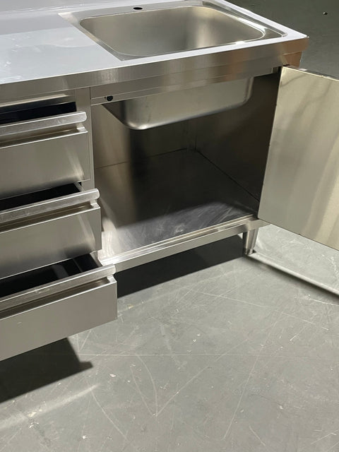 Stainless steel utility sink with 3 drawers front view
Commercial sink cabinet for restaurant or kitchen use
Stainless sink station with pull-out storage drawers
Industrial-grade sink unit with integrated storage
Compact kitchen sink workstation for food prep areas